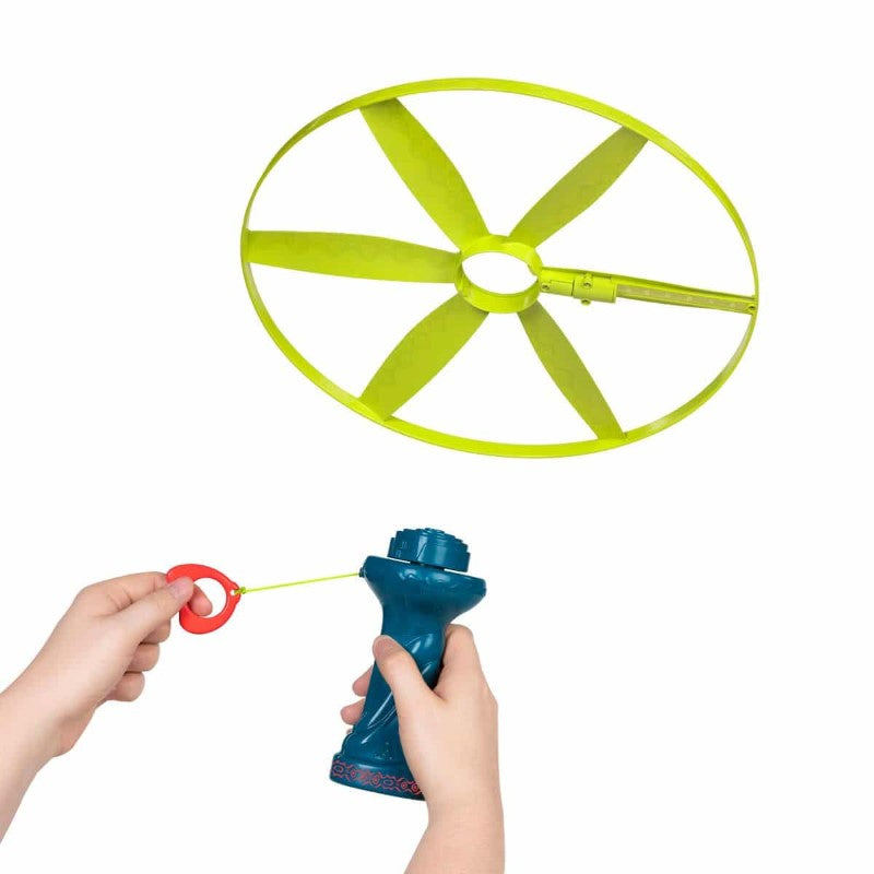 Colorful flying toy with light-up disc and ergonomic launcher for outdoor playtime adventures.