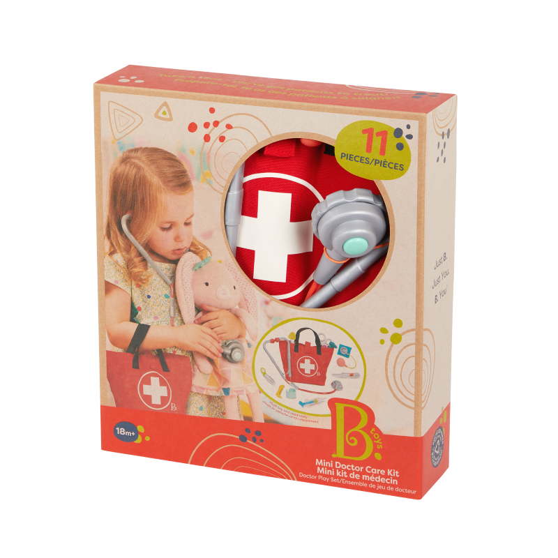 Child playing with a realistic Doctor Care Kit, featuring a stethoscope, thermometer, and other medical tools in a storage bag.