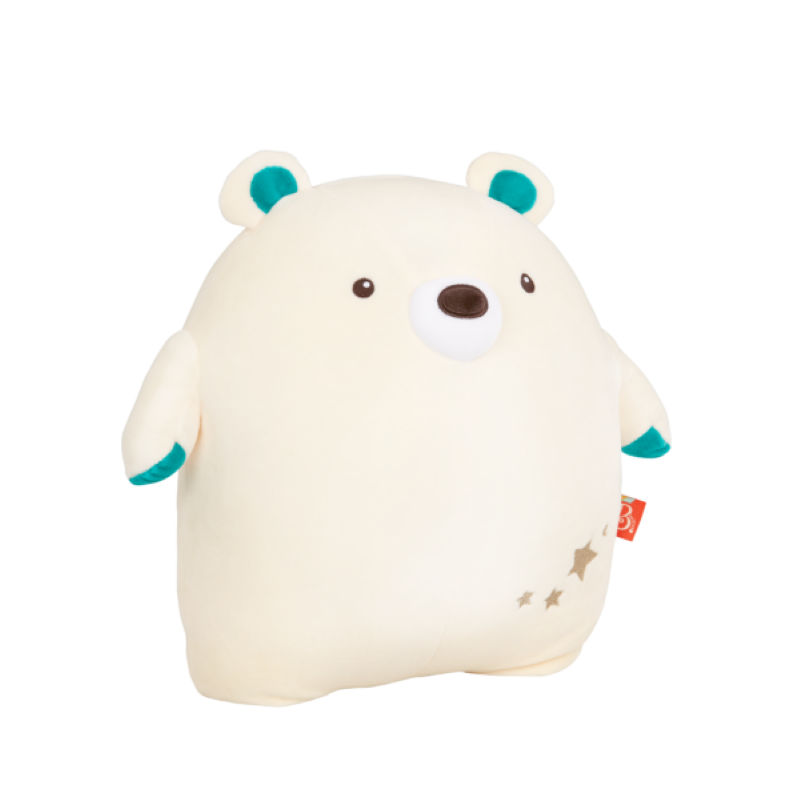 Huggable Billie Bear plush toy with soft texture, blue ears, golden stars, perfect for cuddles and easy to clean.