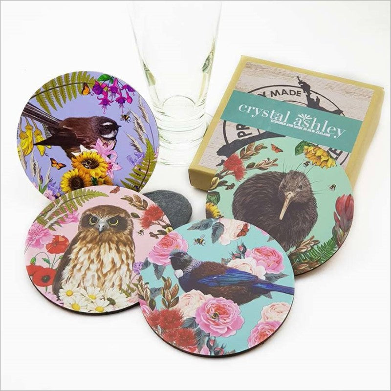 Vibrant New Zealand birds coasters in durable acrylic with cork base, perfect for bird lovers and home decor.