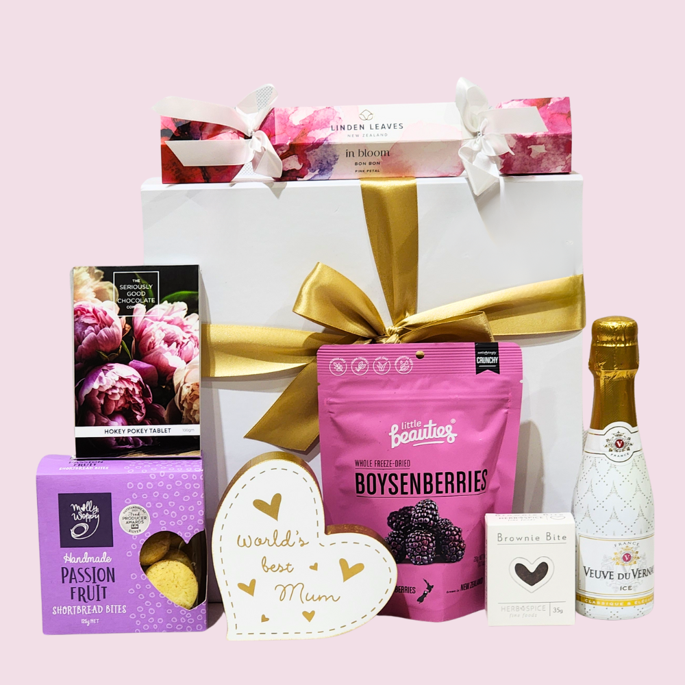 Luxurious Celebrate Mum Gift Box filled with chocolate, shortbread, wine, and pampering items for the perfect Mother's Day gift.