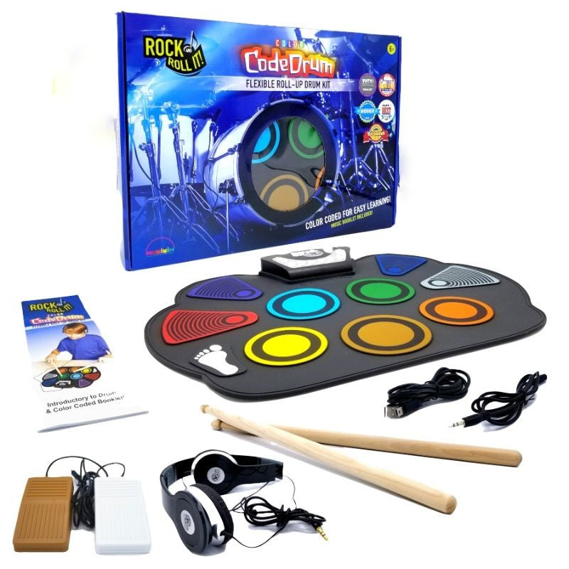 Flexible roll-up drum set with color-coded learning booklet, perfect for practice and performances on-the-go.