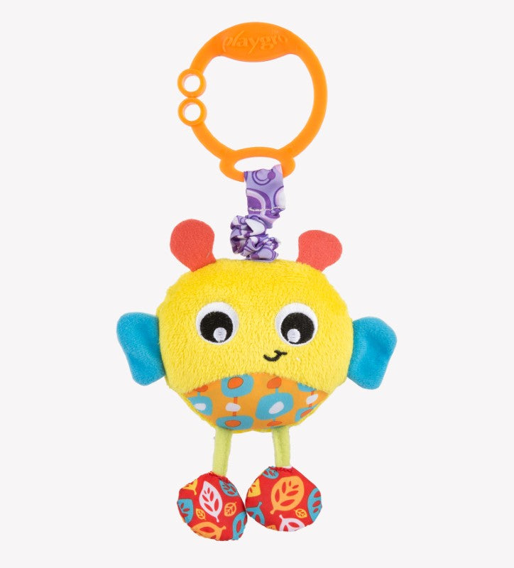 Vibrant Buzz & Wiggle Bee toy with buzzing action, textured rings, and C-clip for sensory fun and on-the-go entertainment.