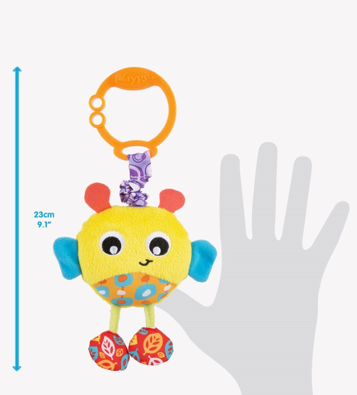 Colorful Buzz & Wiggle Bee toy featuring buzzing action, varied textures, and a C-clip for easy attachment to baby gear.