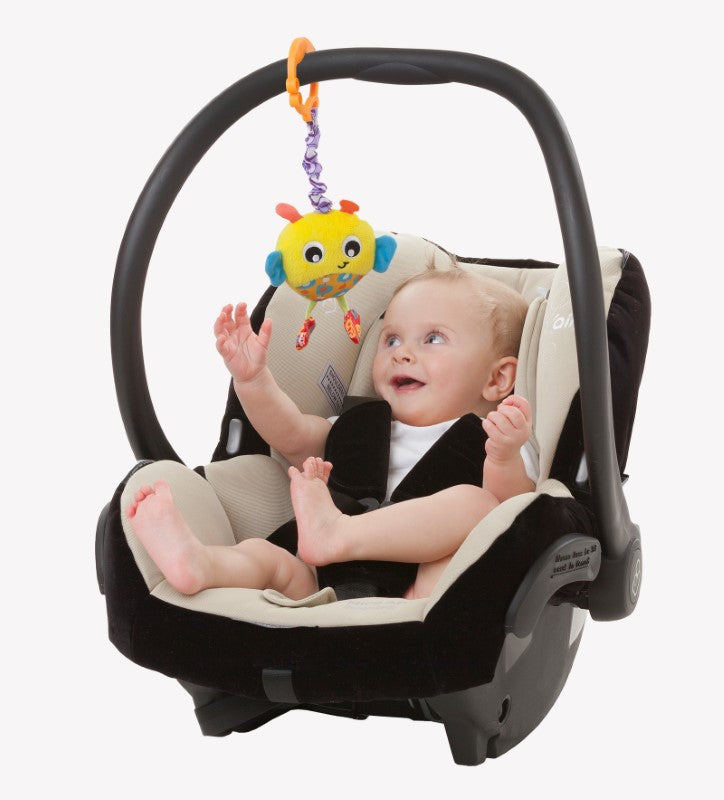 Colorful Buzz & Wiggle Bee toy with textures, buzzing sounds, and C-clip for sensory play and on-the-go entertainment.