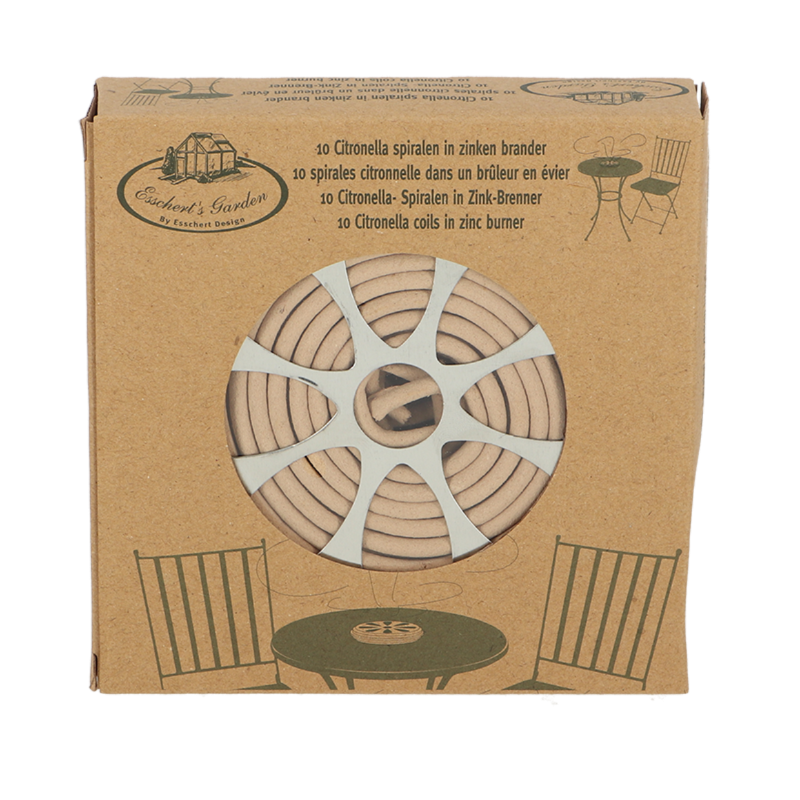 Citronella coils in a stylish zinc burner, perfect for insect-free outdoor gatherings and summer relaxation.