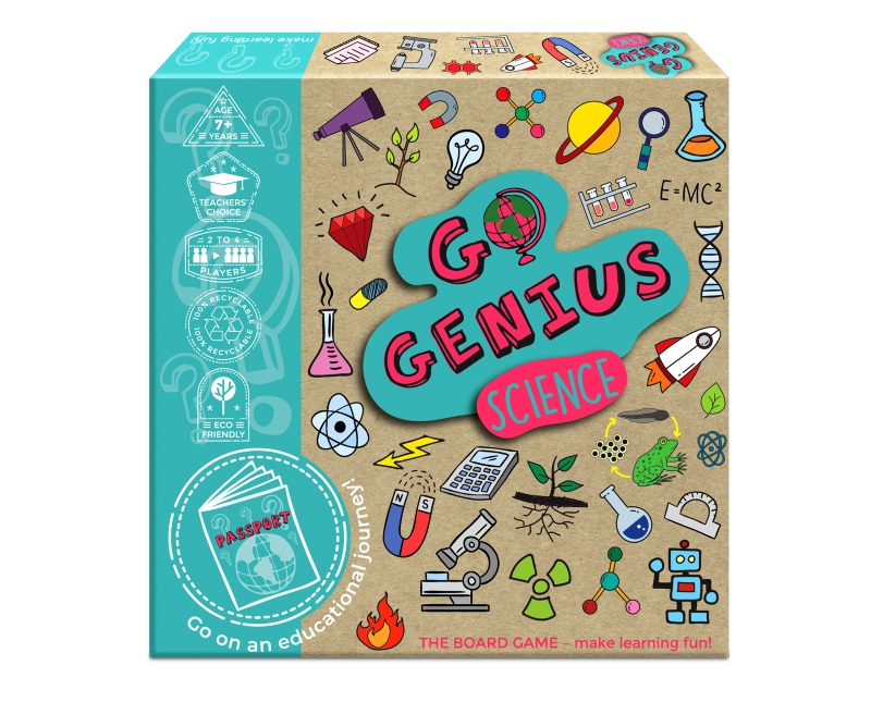 Eco-friendly "Go Genius Science" board game for 2-4 players, enhancing learning through fun science questions and adventure.