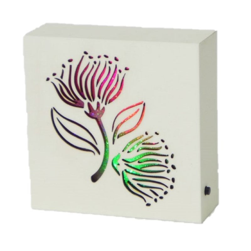 Pohutukawa LED Decor Block showcasing vibrant design, emits soft light, ideal for decor or gifting, reflecting New Zealand’s beauty.