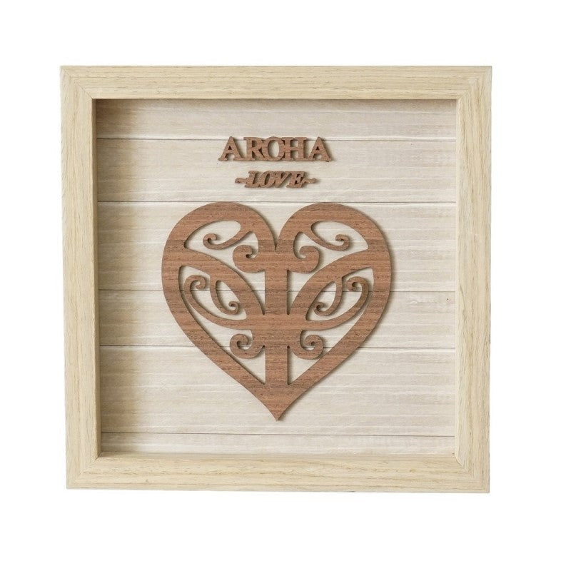 Natural Aroha Plaque with laser-cut heart and Koru design, symbolizing love and new beginnings, ideal for decor or gifting.