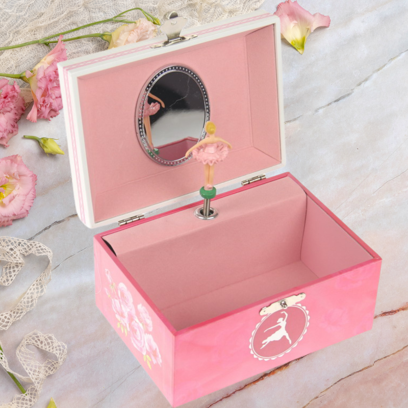 Ballerina Musical Jewellery Box with a twirling dancer, plays "Somewhere Over the Rainbow," crafted from elegant wood.