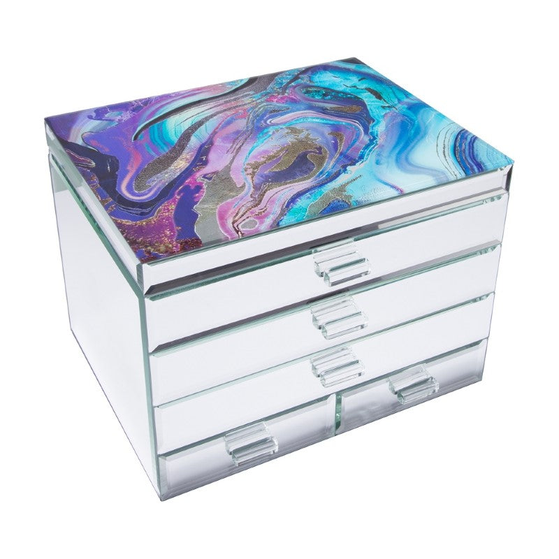 Extra large glass mirror jewelry box with beveled edges, plush interior, and multiple compartments for organized storage.