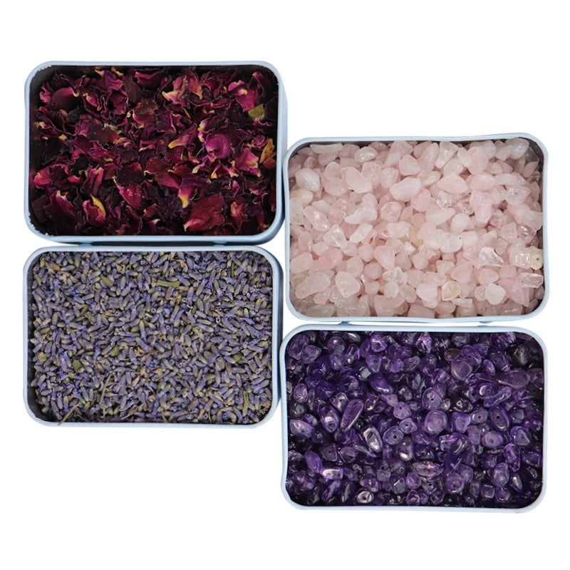 Calming aromatherapy soy candle with essential oils and crystals for relaxation and tranquility.