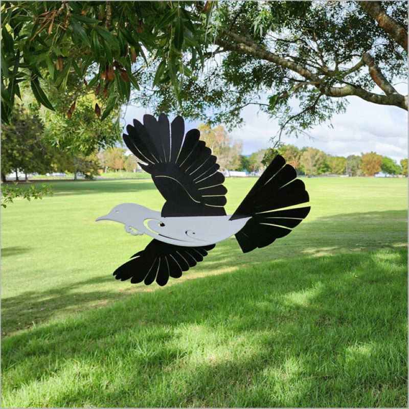 Majestic Large Flying Tui in Matt White acrylic, 410mm long, with durable design for indoor/outdoor display and easy hanging.