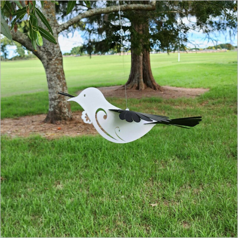 Majestic Large Flying Tui decoration in white acrylic, measuring 410mm with wingspan of 340mm, perfect for indoor or outdoor display.