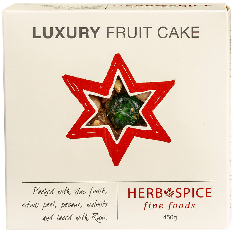 Luxury Fruit Cake Round with vine fruits, citrus peel, pecans, walnuts, and rum infusion, perfect for indulgent occasions.