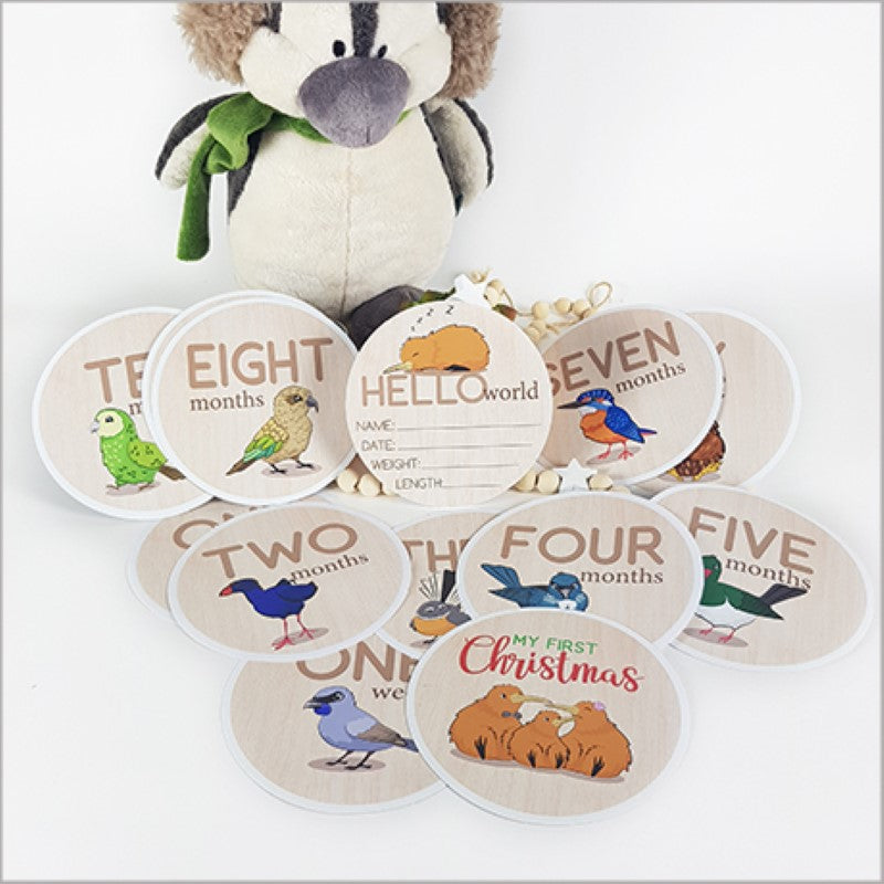 Kiwiana-themed baby milestone set with 15 decals featuring iconic New Zealand birds for capturing special growth moments.
