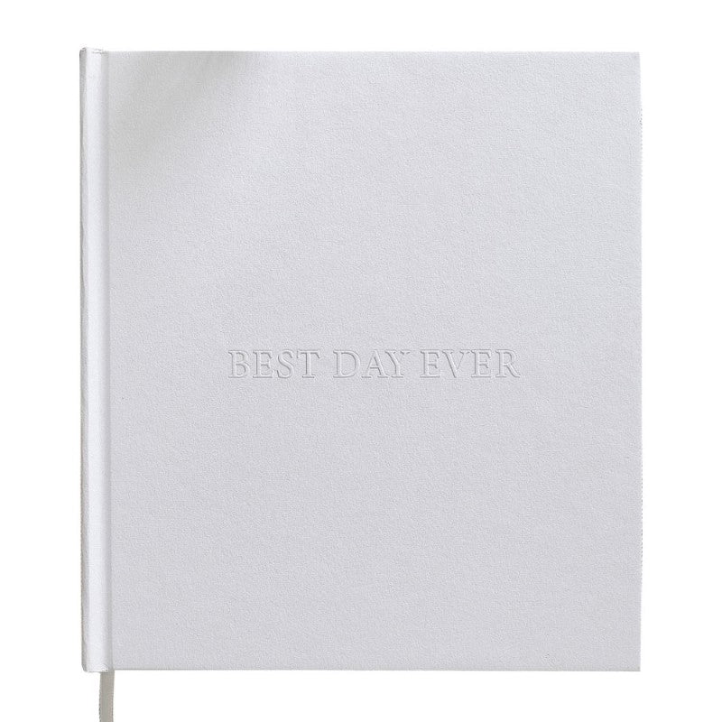 White embossed wedding album with "Best Day Ever" for guest messages and fun photos, featuring 32 pages for memories.