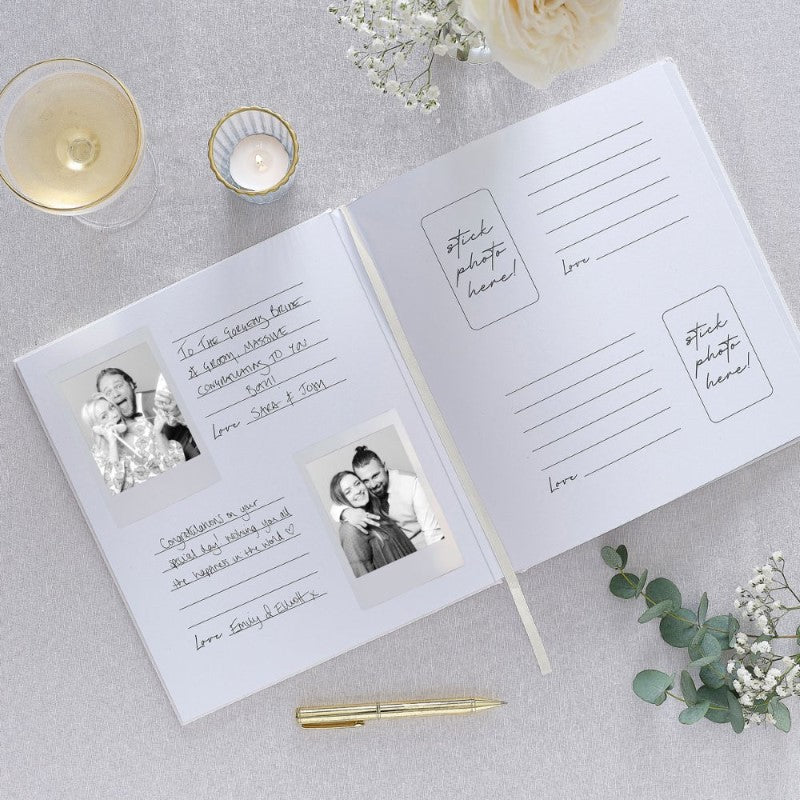 White embossed wedding album with 'Best Day Ever' for guest messages and photos, featuring 32 pages for cherished memories.