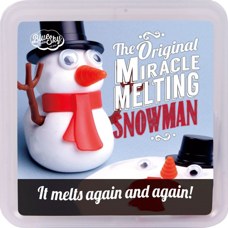 Melting Snowman Kit featuring white putty, hat, arms, scarf, and googly eyes for creative holiday fun and nostalgia.