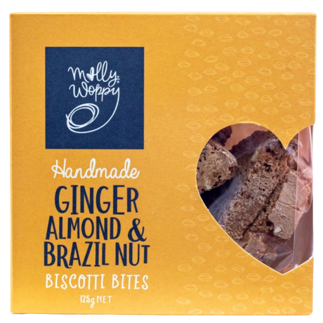 Handmade biscotti with ginger, almonds, and Brazil nuts, perfect for gifting or enjoying with coffee or tea.