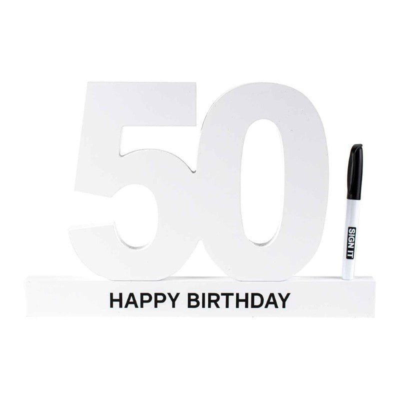 50th Birthday Signature Block set with number and pen for guest messages, perfect keepsake for milestone celebrations.
