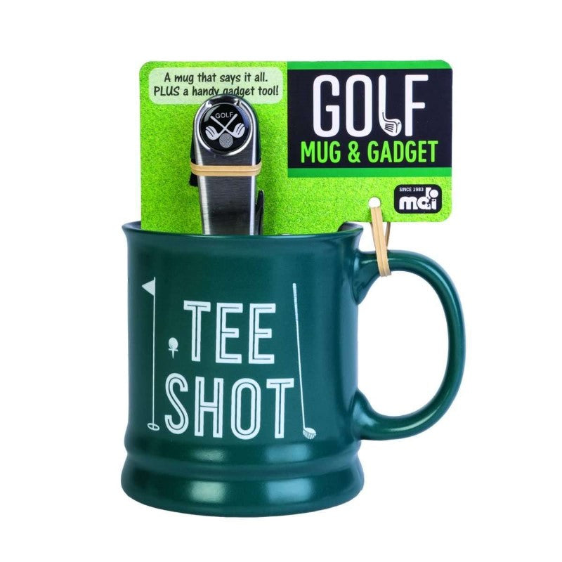 Golf-themed mug with integrated golf tools for cleaning, scoring, and repairing, perfect gift for golf enthusiasts.