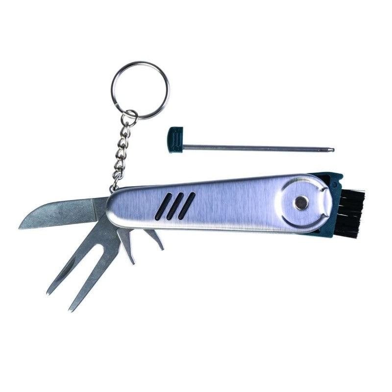 Golf mug featuring integrated tools like a cleaner, pen, knife, repair tool, and marker, perfect for passionate golfers.