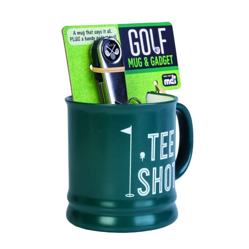 Golf mug with integrated tools for golfers, including a ball cleaner, scorecard pen, and a vibrant gift box.