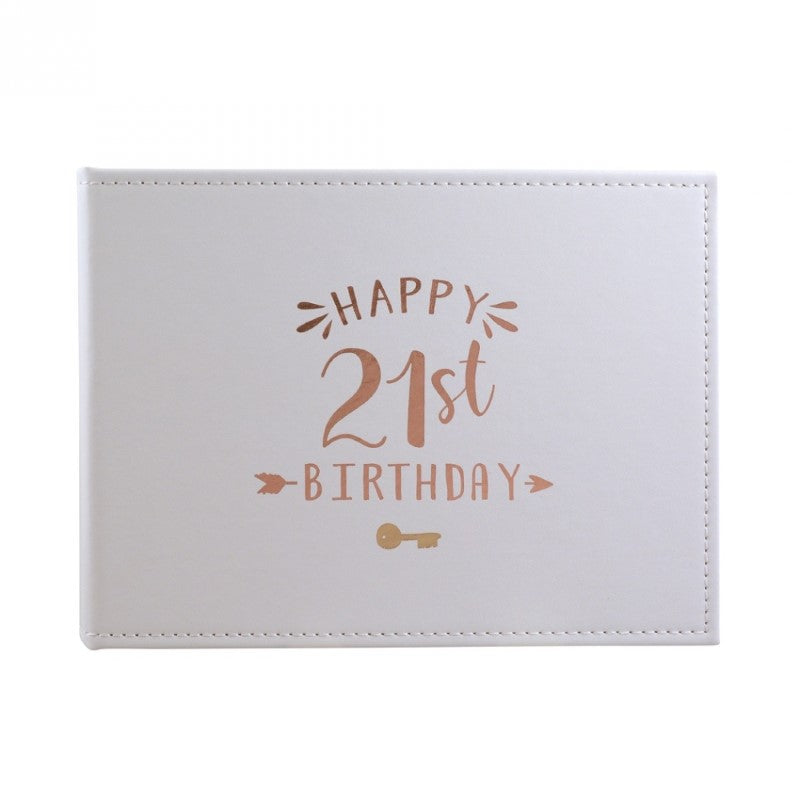 Elegant 21st Birthday Guest Book with white cover and rose gold accents, featuring 40 lined pages for heartfelt messages.