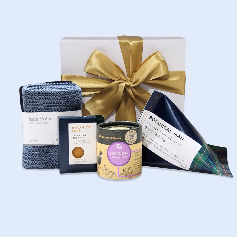 Elegant gift box filled with premium self-care products for men, designed for relaxation and pampering.