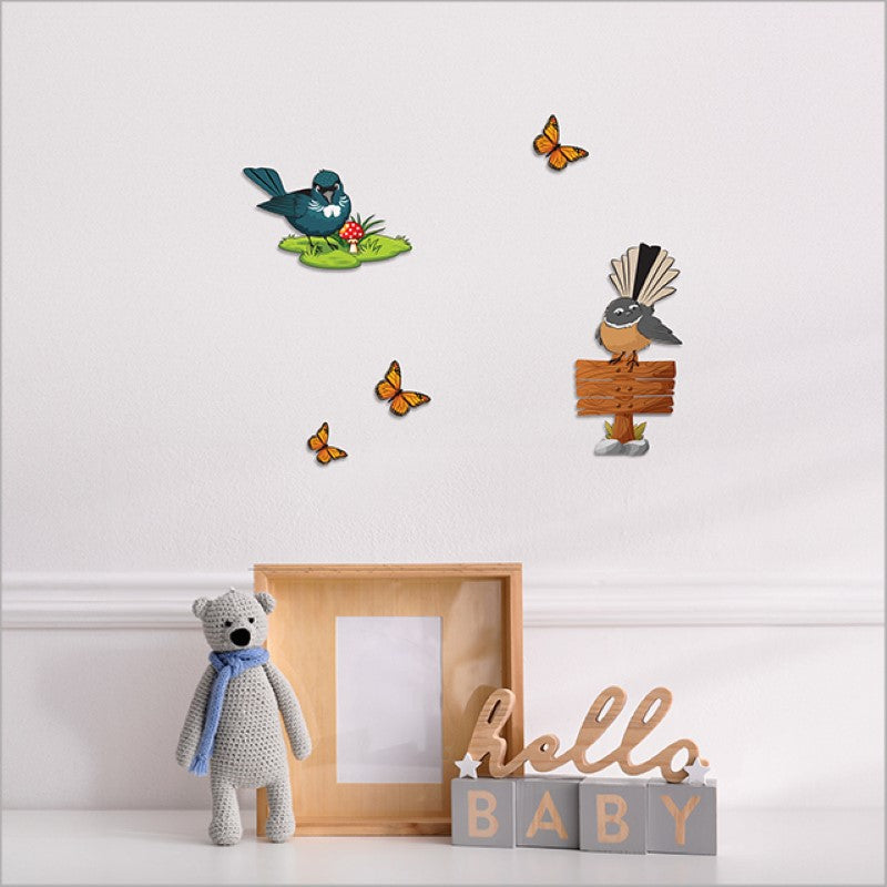 Tui & Fantail Wall Décor featuring laser-cut textured design, celebrating New Zealand's native birds in vibrant detail.