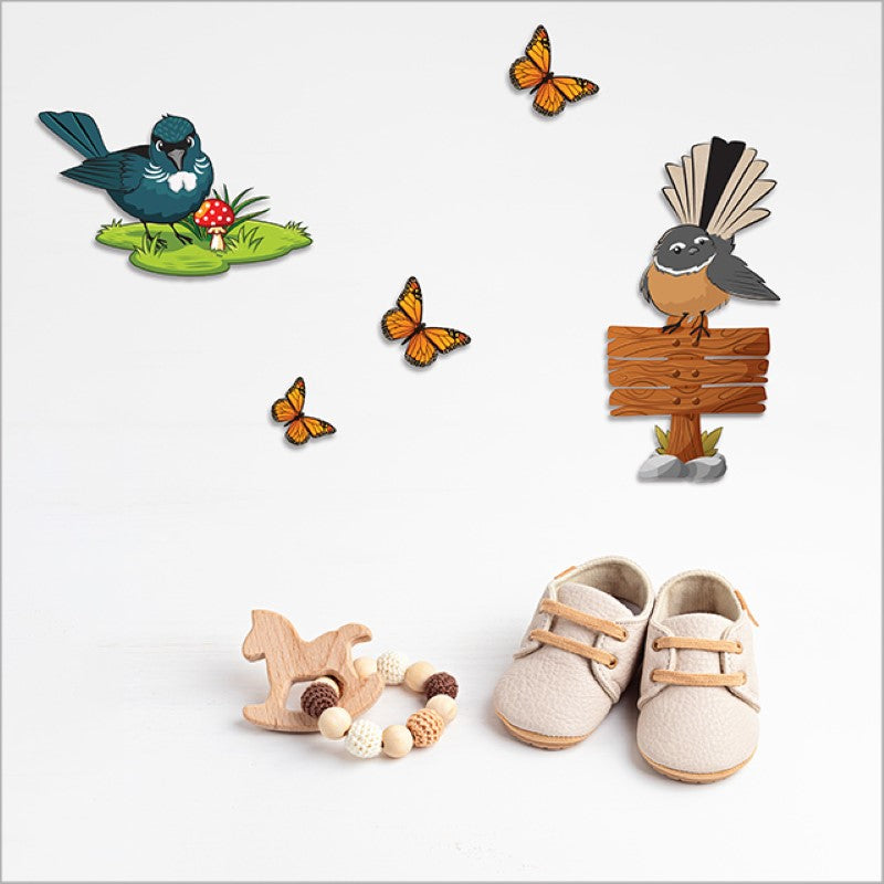 Tui & Fantail Wall Décor featuring New Zealand's native birds on textured board, perfect for home decor or gifting.