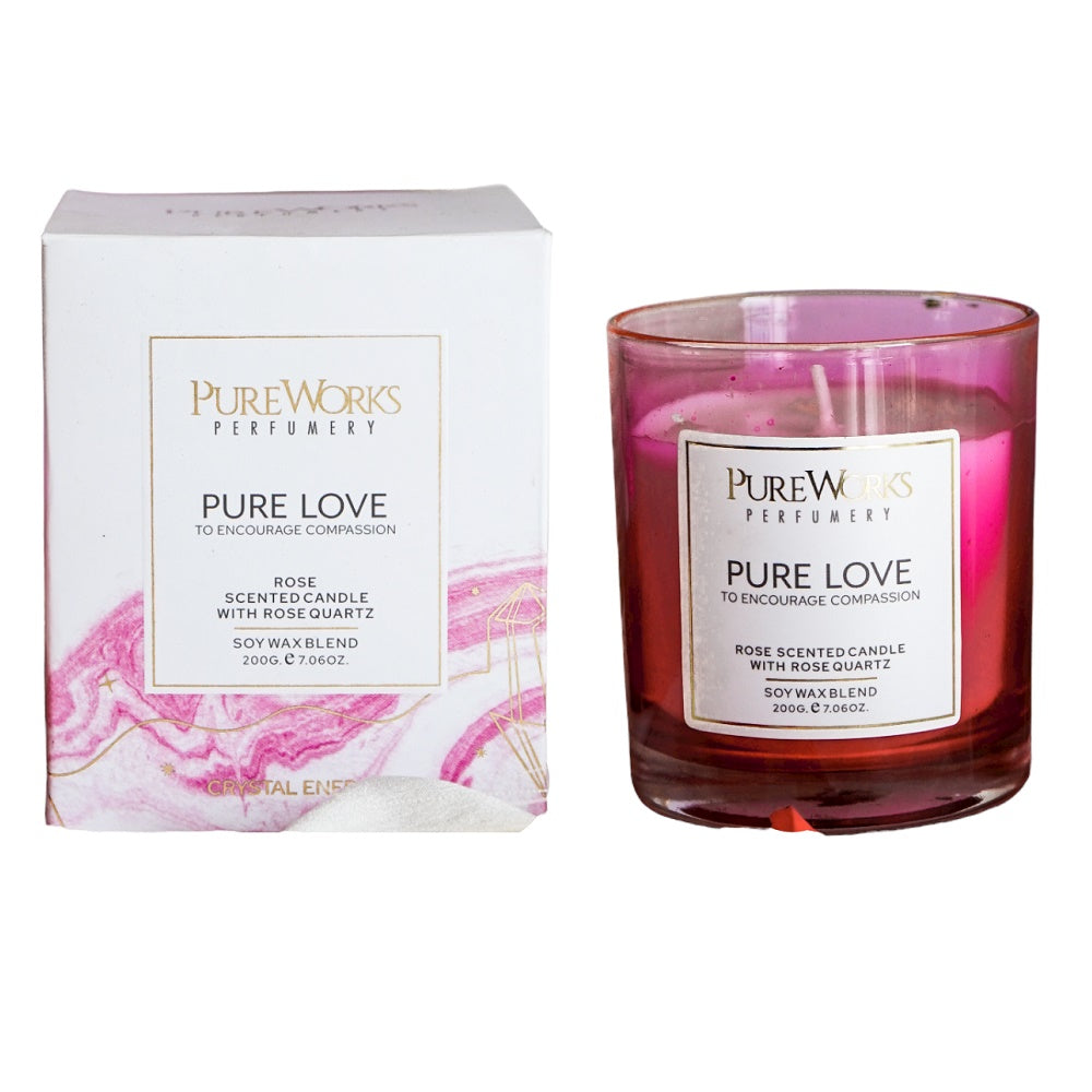 Pure Love Candle with Rose Quartz in an ombre glass jar, featuring rose scent and real Rose Quartz gemstones for harmony.