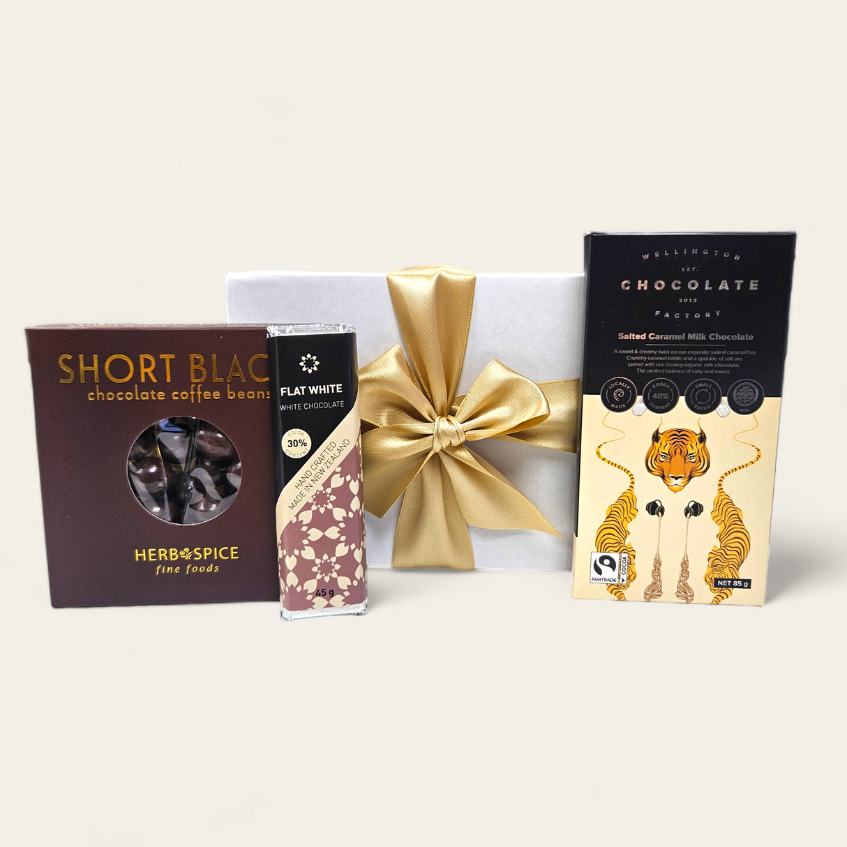 Caffeine and Chocolate Fix Gift Box featuring gourmet coffee beans, handcrafted chocolate bars, and elegant packaging.