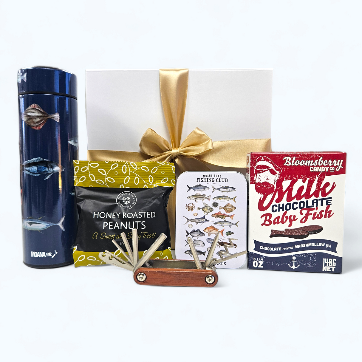 Gone Fishing Gift Box with a drink bottle, playing cards, snacks, chocolate fish, and a multi-function fishing tool.
