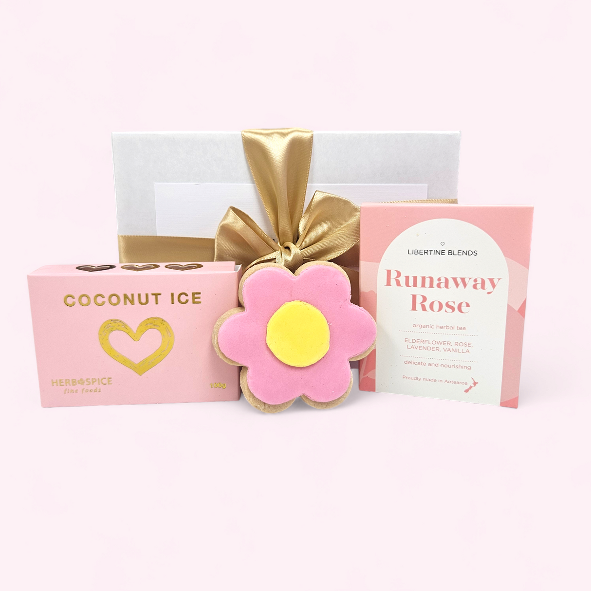 Charming 'Girl, Relax!' gift box featuring shortbread, rose tea, and coconut ice for thoughtful gifting.