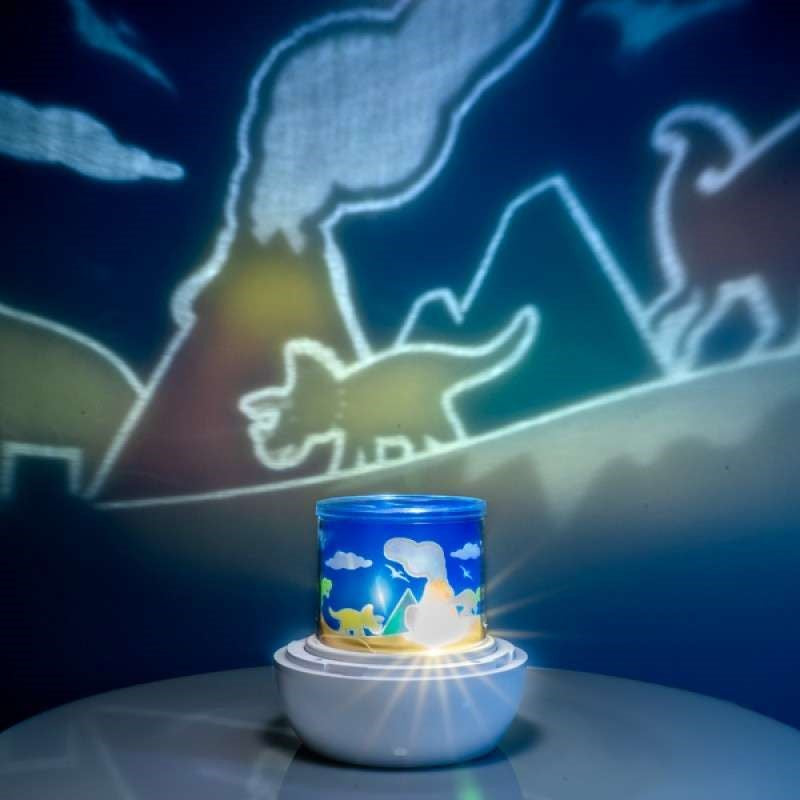 Rotating projector light showcasing colorful dinosaur projections, perfect for soothing bedtime for children.