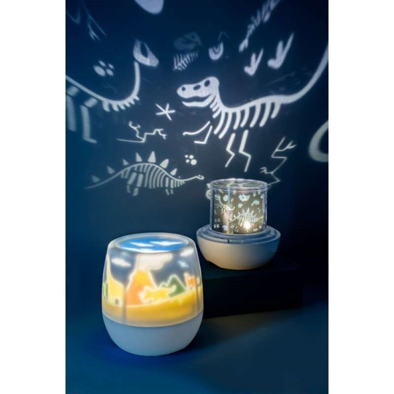 Rotating projector light showcases vibrant dinosaur scenes, soothing soft glow, ideal for bedtime in nurseries and kids' rooms.