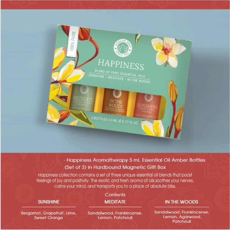 Happiness Essential Oil Gift Pack featuring uplifting blends for mood enhancement and relaxation, perfect for aromatherapy use.