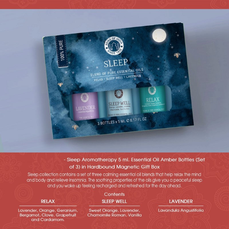 Sleep Essential Oil Gift Pack featuring calming blends for relaxation, promoting restful sleep and alleviating insomnia.