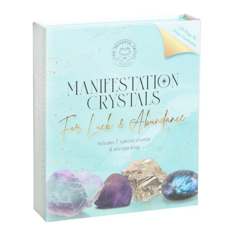 Manifestation Crystal Gift Set with 7 natural crystals in a stylish faux leather bag for attracting abundance and good fortune.