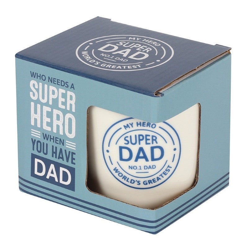 Ceramic Super Dad Mug with blue handle, featuring a charming Super Dad seal, perfect for daily use and special occasions.