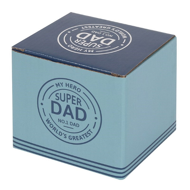 Ceramic mug with blue handle and "Super Dad" seal, perfect gift for coffee-loving fathers.