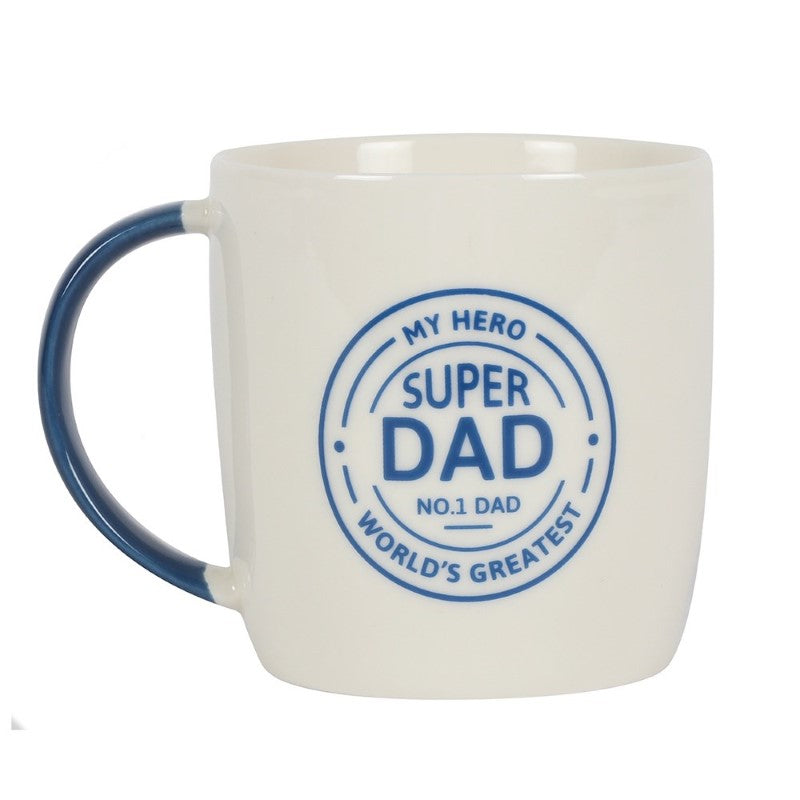 Super Dad Mug featuring a blue handle and Super Dad seal, perfect for coffee or tea, celebrating Dad's superhero status.