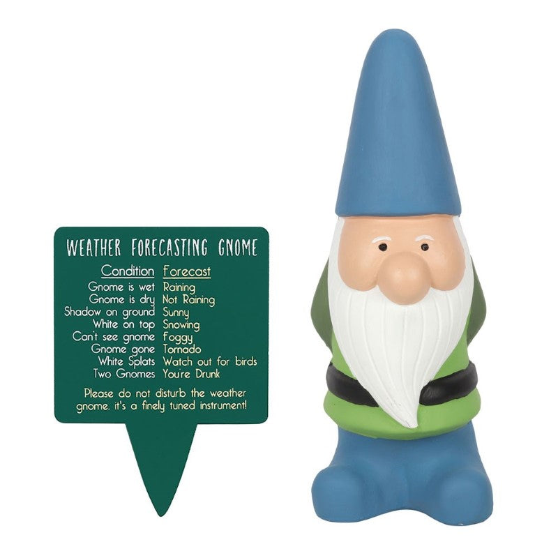 Whimsical Weather Forecasting Gnome with humorous indicators for rain, sun, snow, and more, perfect for garden decor.