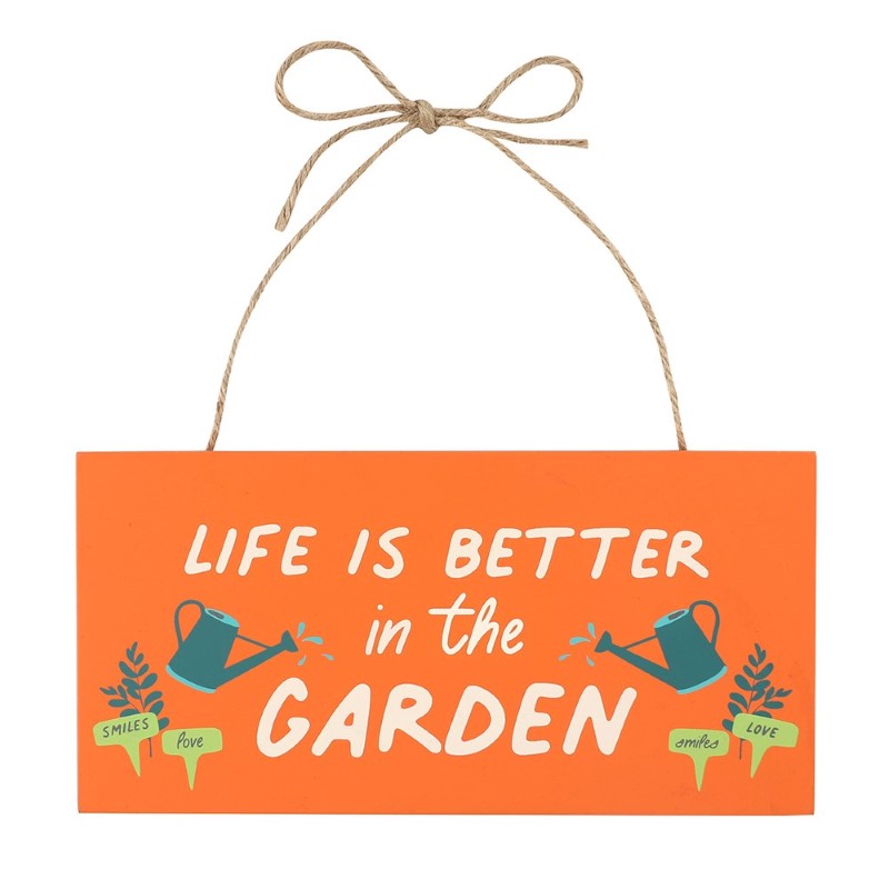 Hanging wooden garden plaque with "Life is better in the garden" message, adding charm and inspiration to outdoor spaces.