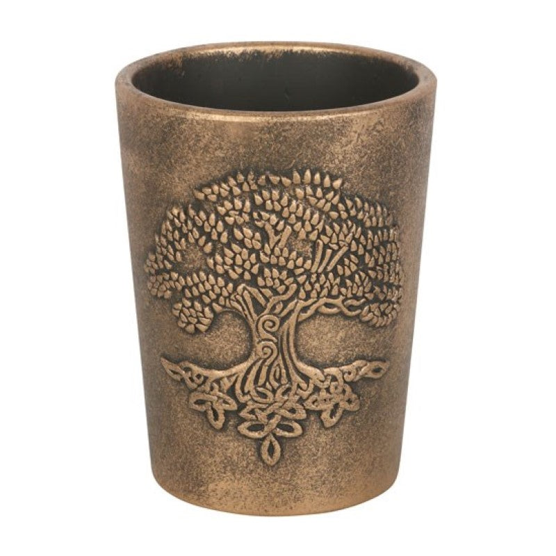 Terracotta planter featuring Tree of Life design, finished in antiqued bronze, ideal for indoor or outdoor plants.