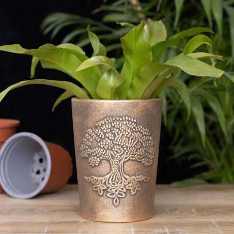 Terracotta planter featuring the intricate Tree of Life design by Lisa Parker, finished in antiqued bronze, perfect for plants.