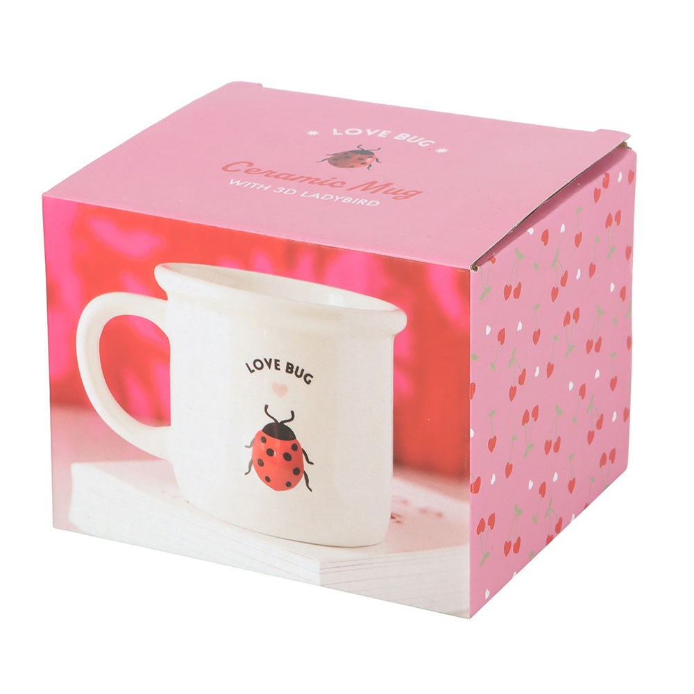 Ceramic Love Bug Mug featuring a 3D ladybird design, perfect for hot beverages and special occasions.