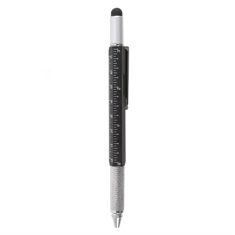 5-in-1 Multitool Pen featuring a ballpoint pen, screwdriver, spirit level, stylus, and ruler in a compact design.